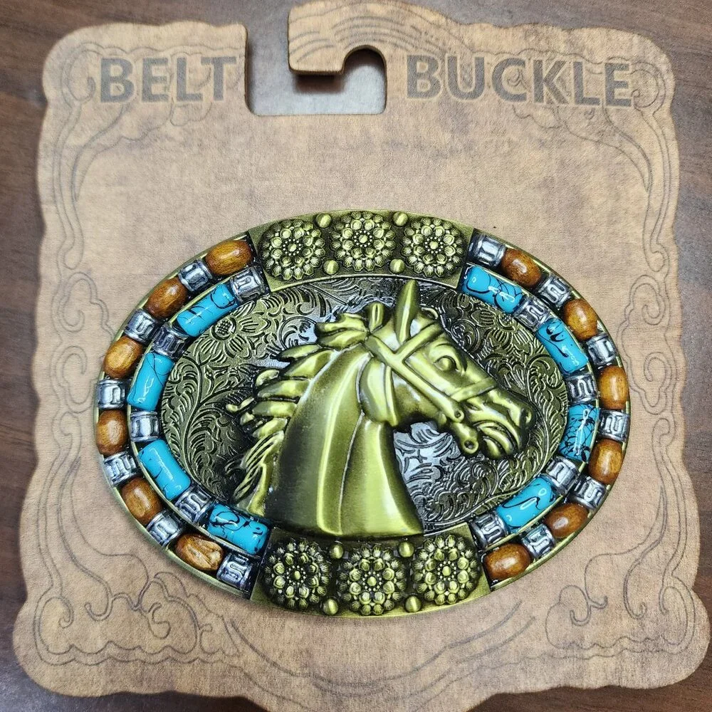 Western Gold Tone Horse Design Turquoise & Brown Bead Oval Belt Buckle NWT